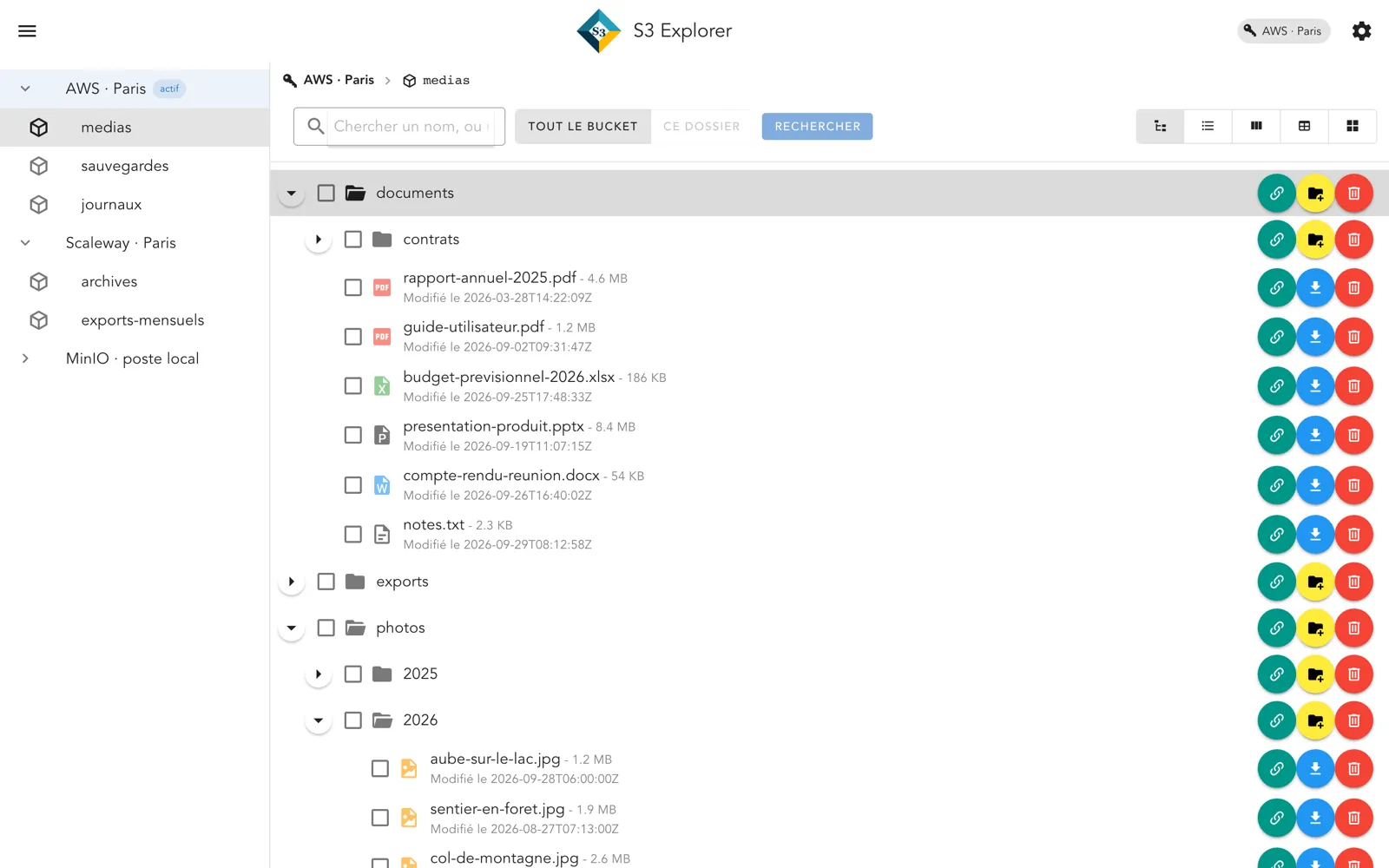 Explorateur S3 : l’arborescence d’un bucket, dossiers dépliés à la demande, et les comptes AWS, Scaleway et MinIO.